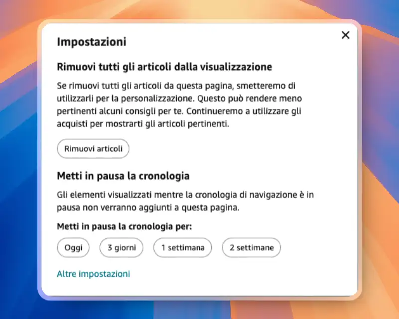 Popup impostazioni avanzate. Cronologia di navigazione Amazon