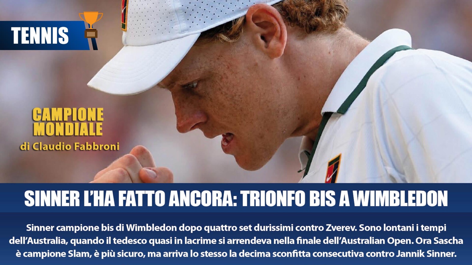 Jannik Sinner stringe il pugno in segno di esultanza nella finale di Wimbledon 2025